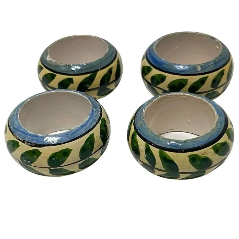 Hand Painted Green Leaf Vine Napkin Rings Multicolor Shabby Chic Cottage 4 Set